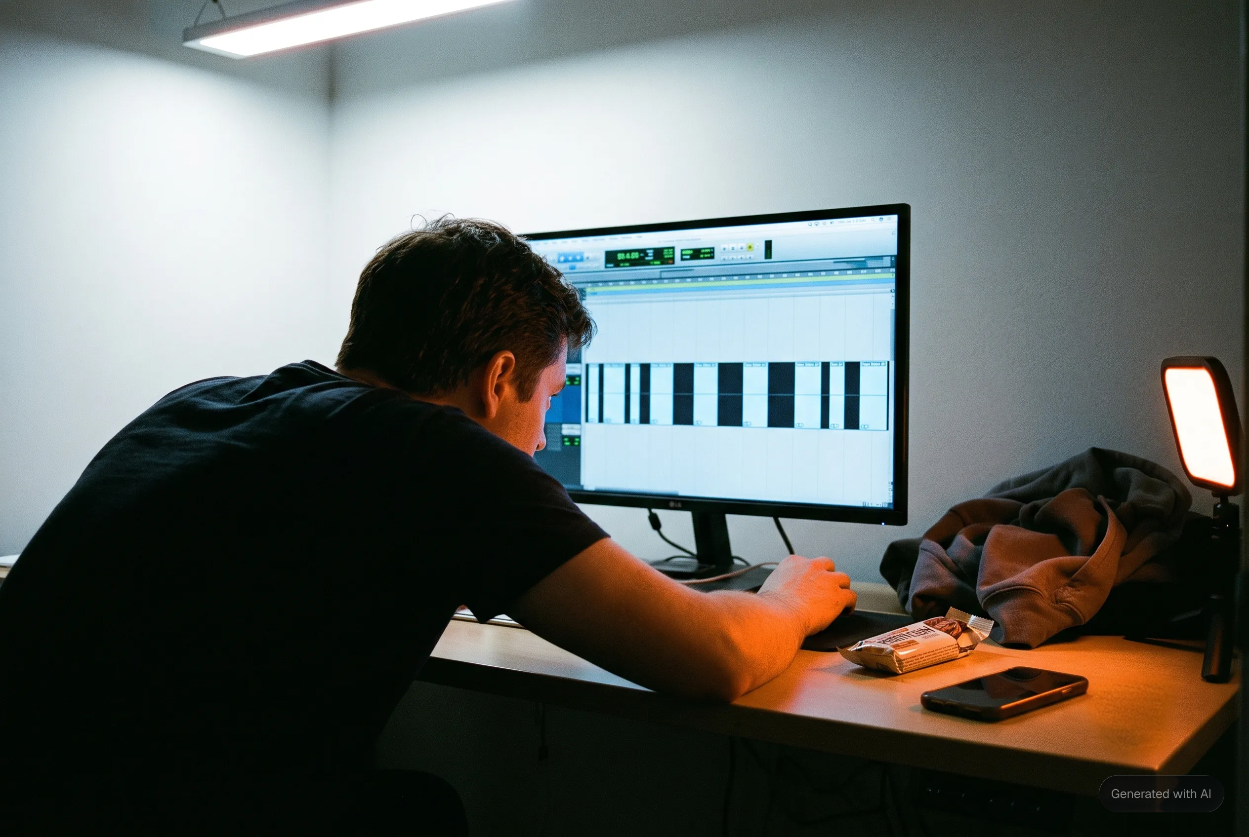 Engineer at a monitor showing separated audio regions on a Pro Tools timeline after strip silence. AI-generated illustration.